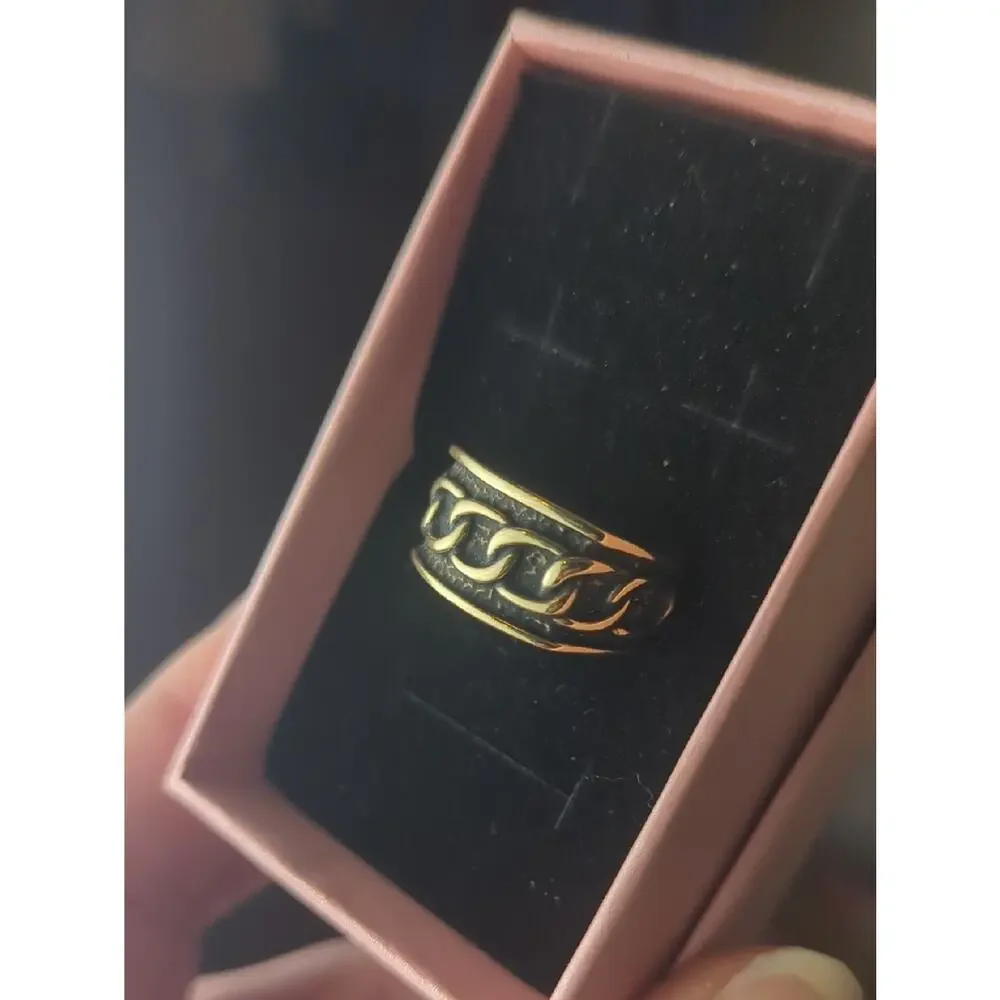 Vintage Castings on Parade Chain Link Ring Size 7.5 Black Enamel Gold Plated